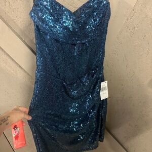 Blue Sequin Strapless Dress